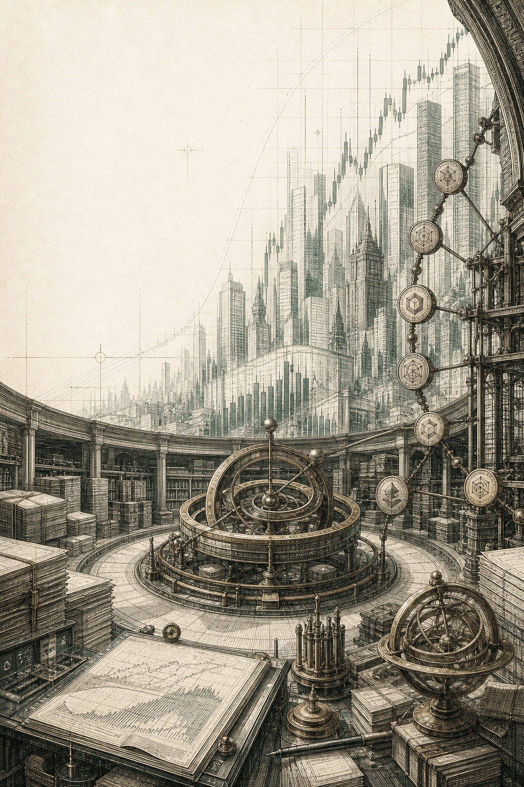Engraved market observatory surrounded by ledgers and a financial city